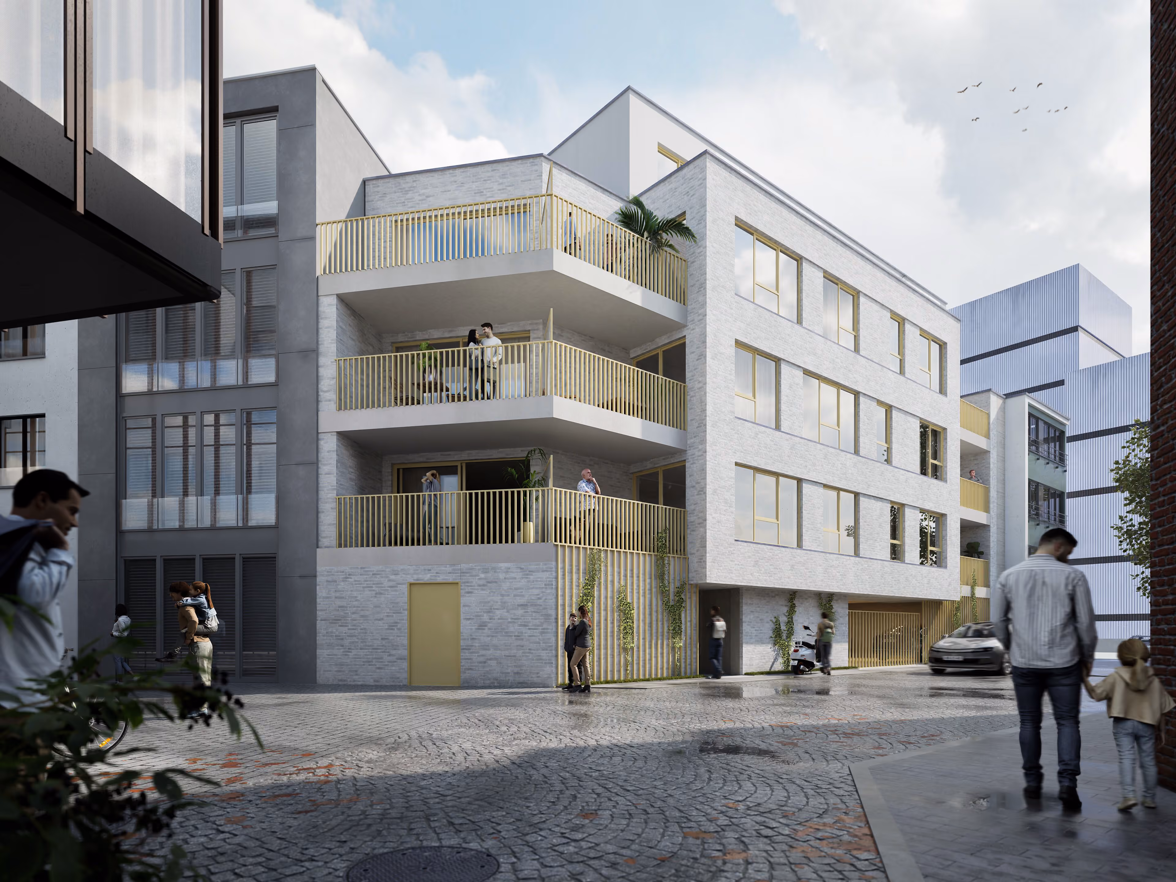 Hoekgevel met balkons bij ’t Stoofhof II in Aalst